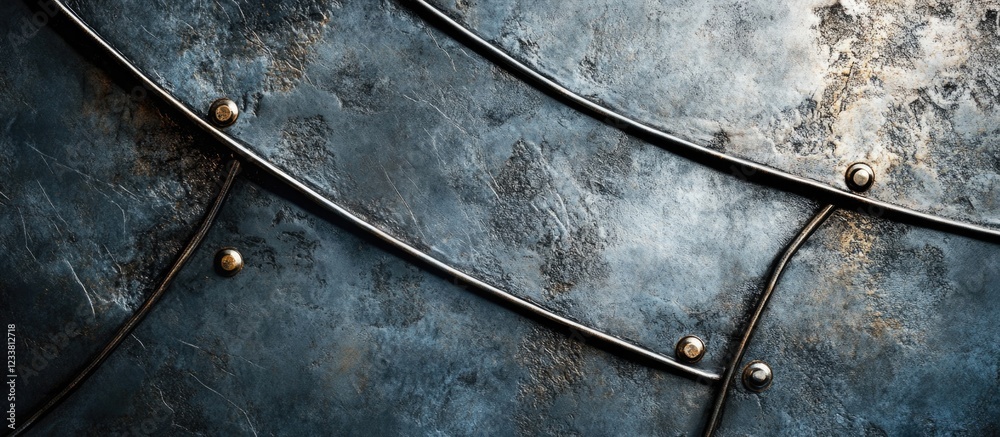 Poster metallic surface texture with riveted seams and dark patina copy space for design or art projects