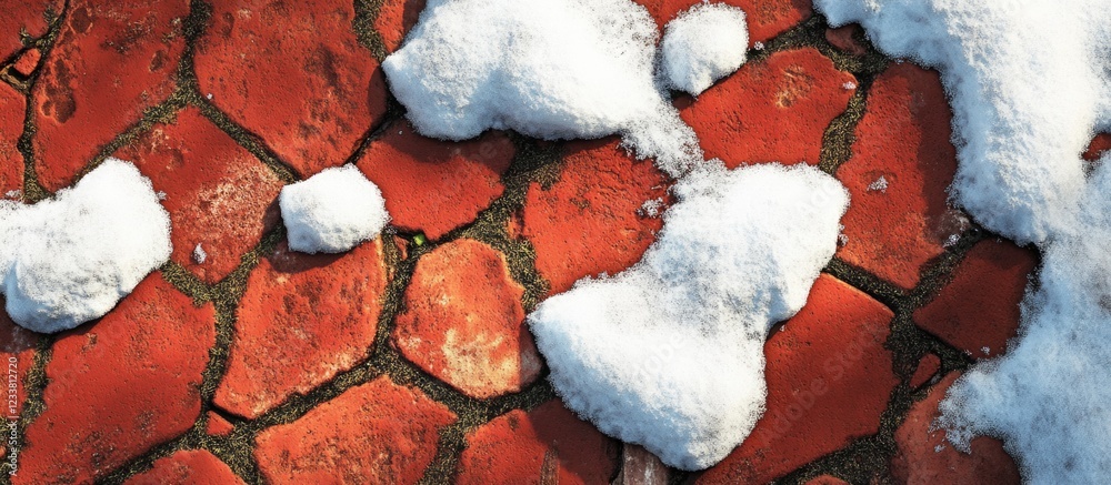 Poster snow on red brick pavement with textured surface and green grass peeking through snow copy space