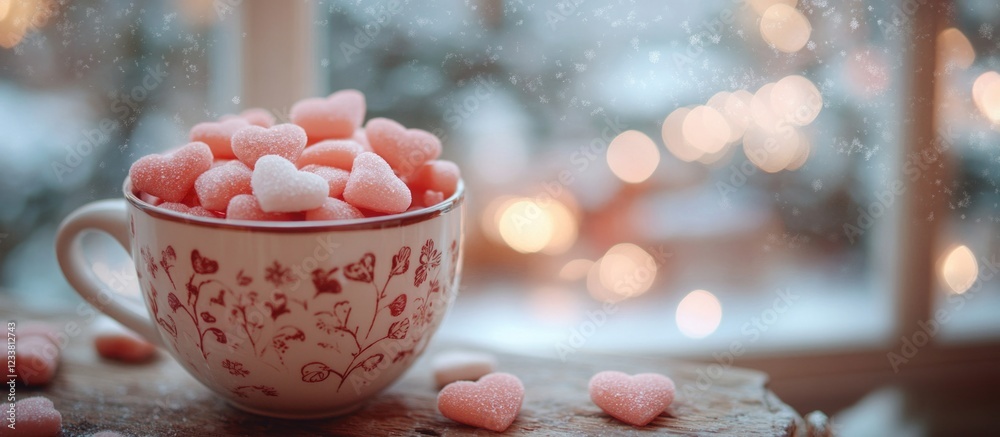 Aufkleber Cup filled with heart-shaped candies on a wooden table with a window view and bokeh lights in the background Copy Space