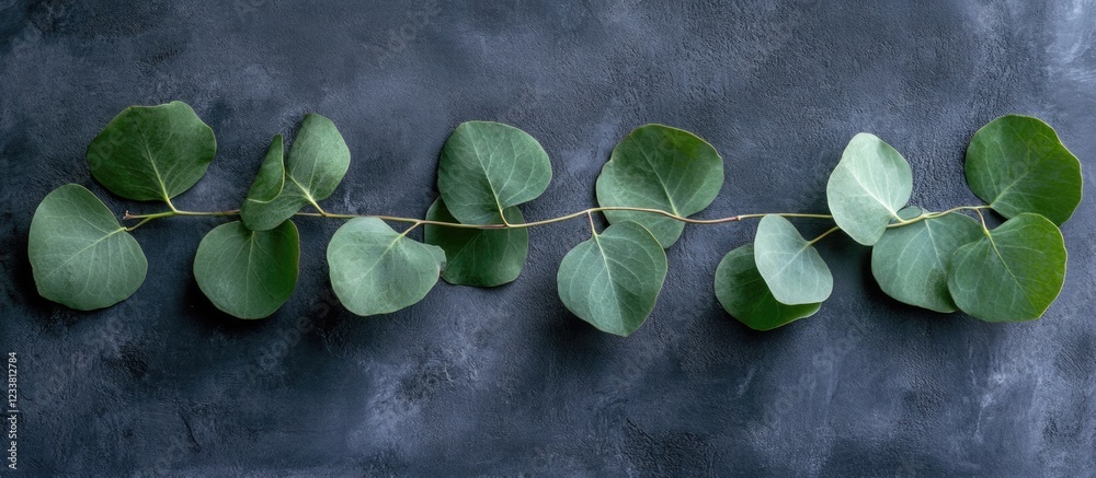 Aufkleber Green leaves arranged on a dark textured surface with Copy Space for text placement.