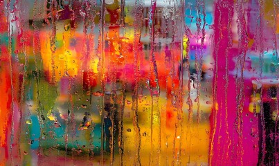 Rainy day, blurry city lights, amusement park view, wet window