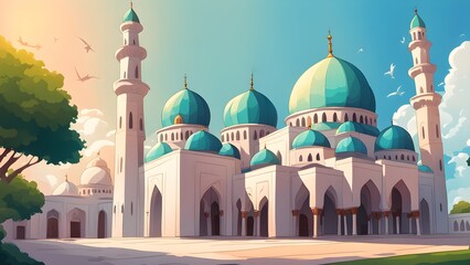 Obraz premium Cartoon illustration of a majestic white mosque with teal domes and minarets under a bright, sunny sky.