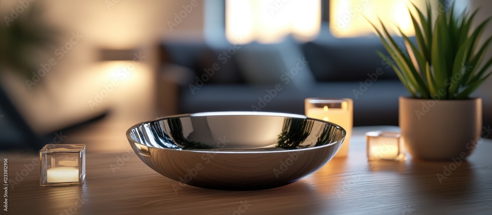 Aufkleber modern interior setting featuring a reflective metallic bowl on a wooden table with candles and pott