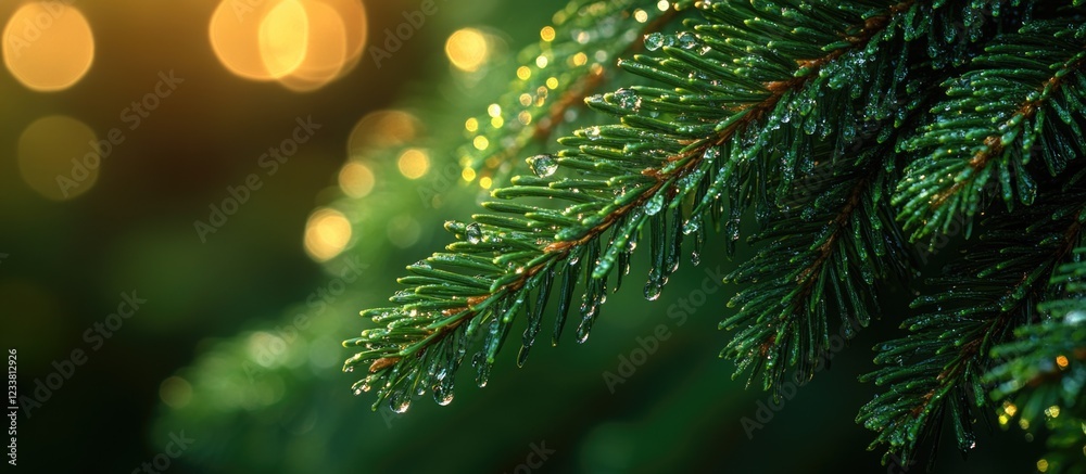 Leinwandbilder close-up of a pine tree branch with dew droplets and warm bokeh background copy space