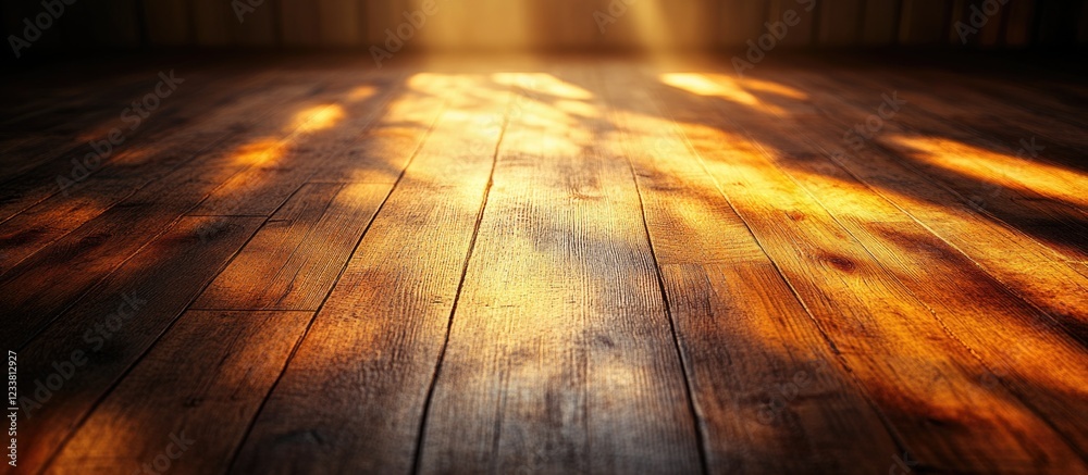 Poster wooden floor with sunlight rays creating warm reflections and shadows copy space