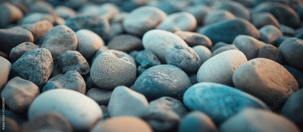 Fototapete Smooth river stones in various colors and sizes scattered on the ground with a shallow depth of field and Copy Space.