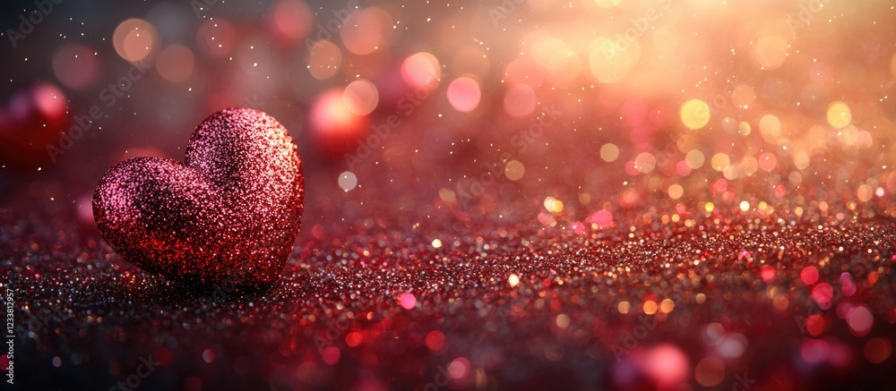 Poster Glittering red heart with bokeh lights and sparkling background Copy Space for romantic themes and celebrations