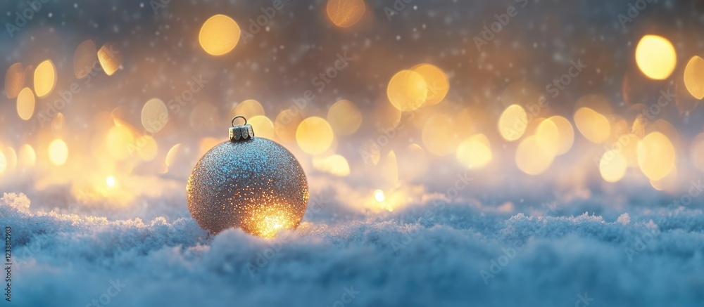 Poster decorative christmas ornament on snow with blurred warm glowing lights in the background and soft bo