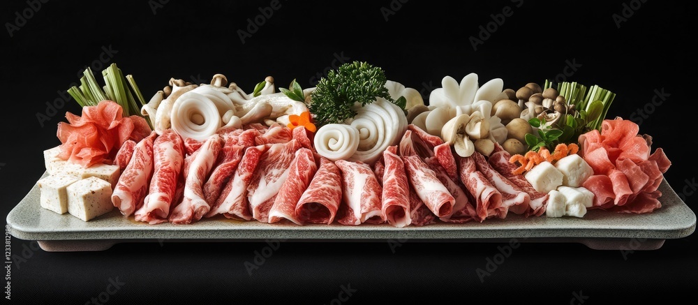 Aufkleber Gourmet platter of assorted meats and vegetables arranged on a rectangular white plate with black background and Copy Space for text.