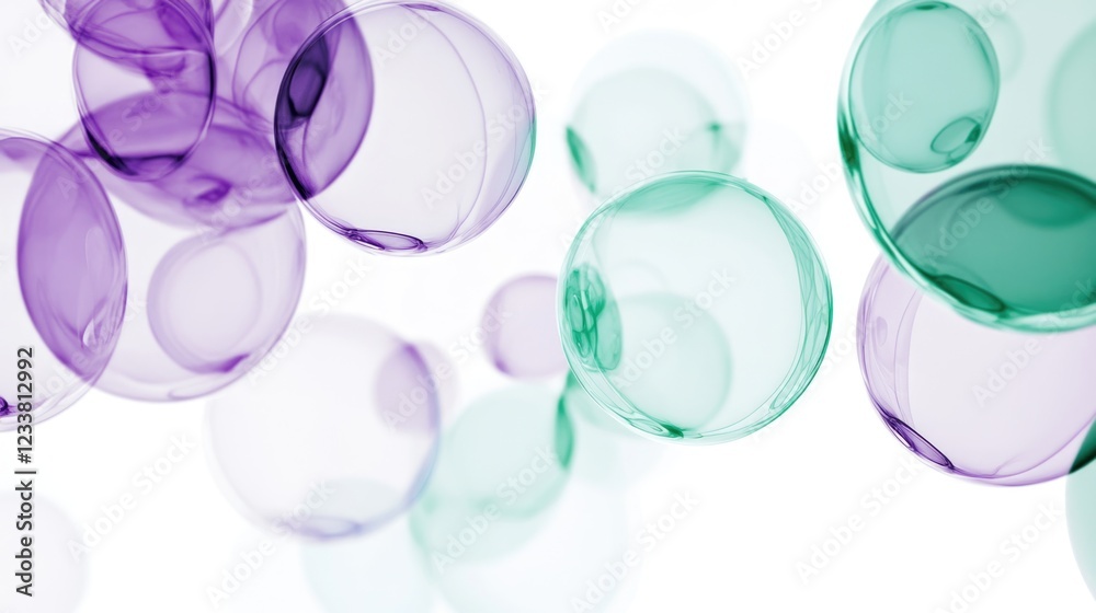 Poster colorful soap bubbles in shades of purple and green floating against a white background with copy sp