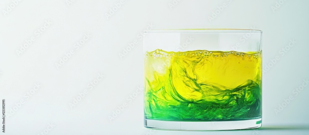 Poster mixed drink with yellow and green liquid in a clear glass with bubbles against a light background co
