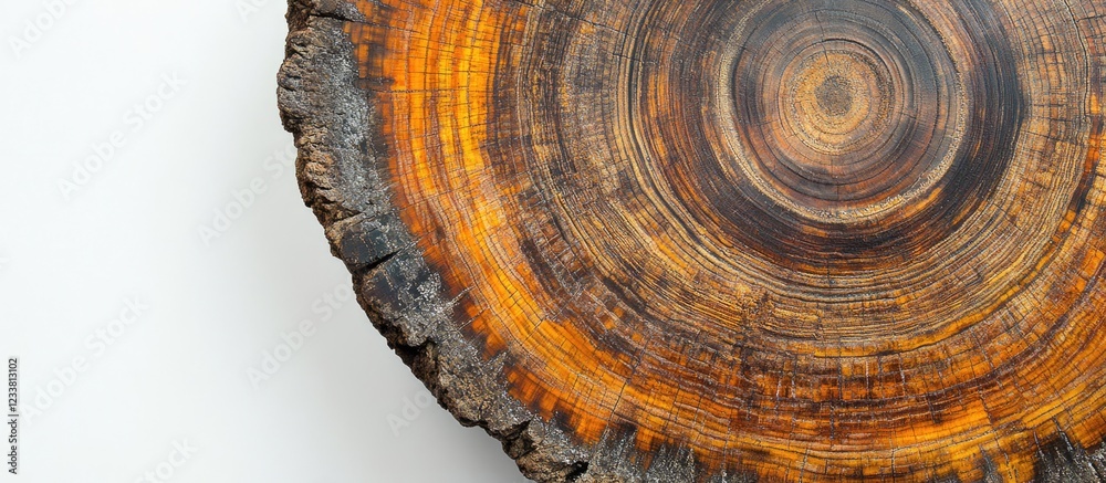 Poster wooden tree ring cross-section with detailed texture and natural patterns on white background copy s