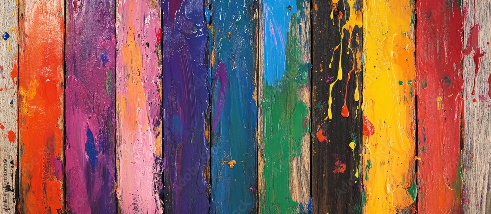 Poster colorful abstract streaks of paint on wooden surface with copy space for text
