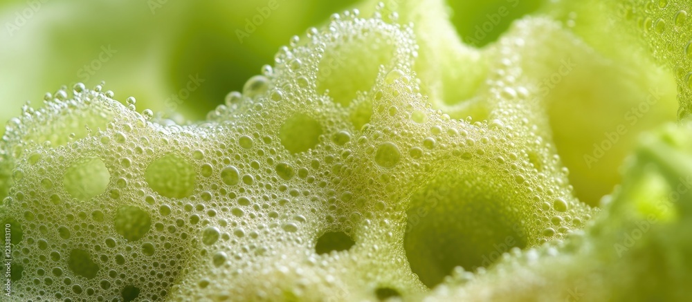 Poster close-up of fresh lettuce texture with bubbles and moisture copy space