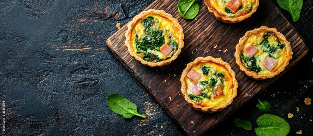 Aufkleber freshly baked spinach and ham mini quiches on a wooden board with spinach leaves and dark textured b