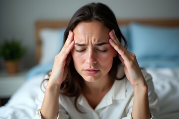 Young Woman in Bed with Headache: Struggling with Stress and Fatigue in a Calm Bedroom Environment