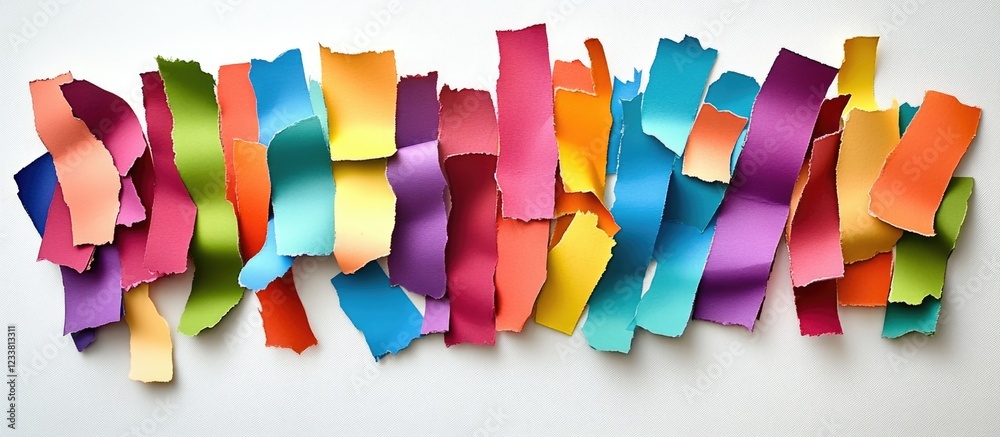 Poster Colorful strips of textured paper arranged in an abstract pattern on a white background with ample copy space.
