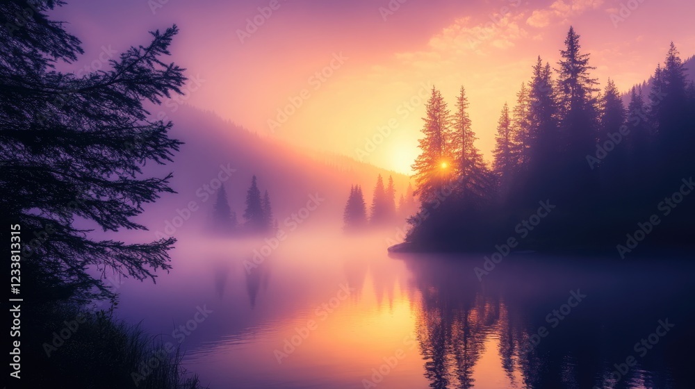Poster mist over a tranquil lake at dawn with silhouetted trees and colorful reflections in the water copy 