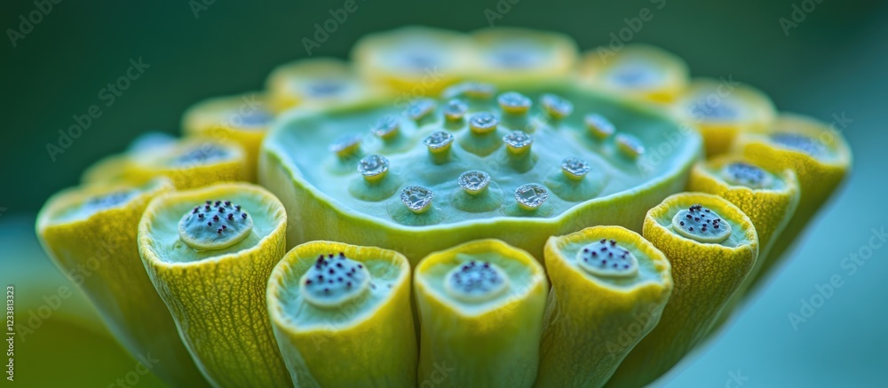 Poster Close-up of a lotus seed pod showcasing intricate details and vibrant colors on a blurred green background with Copy Space.