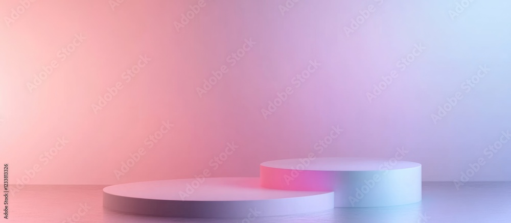 Fototapete Abstract studio background with circular platforms in soft pink and blue lighting and Copy Space for text placement.