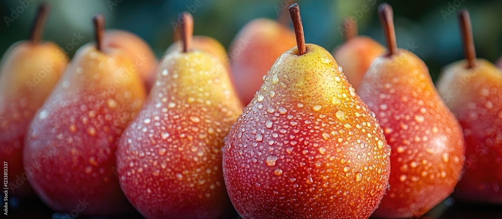 Poster freshly harvested pears with water droplets on skin arranged in a row against a blurred background c