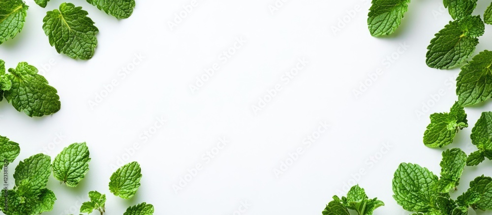 Aufkleber fresh green mint leaves arranged on a white background with copy space for text or design elements.