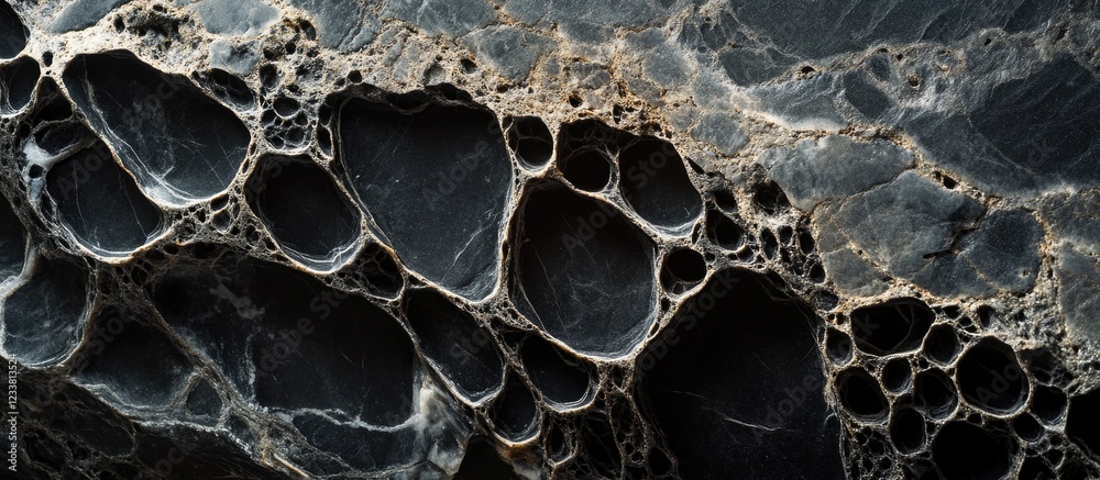 Poster Abstract close-up of textured black marble with circular patterns and smooth lines showcasing natural rock formations and Copy Space.