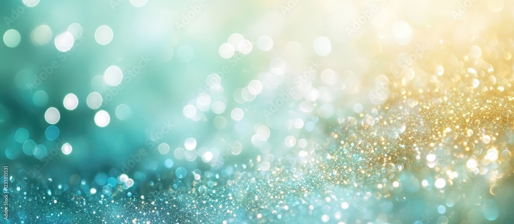 Poster Abstract blurred background with colorful bokeh lights in shades of blue and gold featuring copy space.