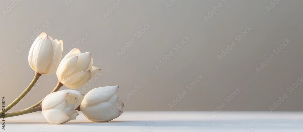Poster white tulip flowers on neutral background with copy space for text