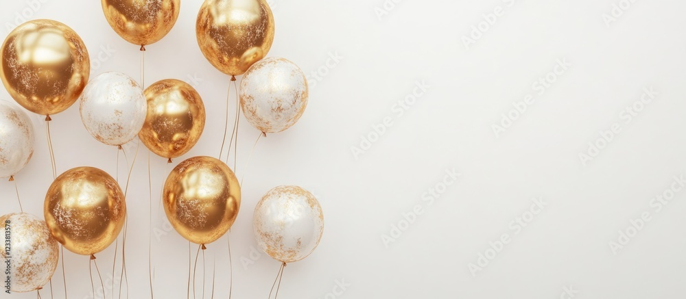 Poster golden and white balloons arranged on a light background with copy space for text