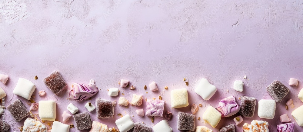 Poster Colorful assorted candies and marshmallows on a pastel purple background with Copy Space for text placement.