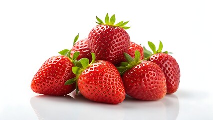 Juicy red strawberries with fresh green leaves, isolated on a white background, ideal for healthy eating concepts, food photography, diet promotions, organic branding, and grocery advertisements