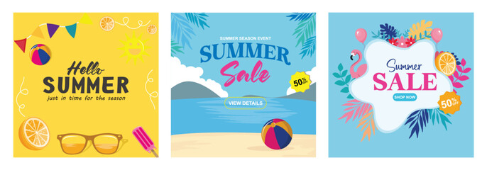 Vibrant summer sale advertisement design with beach and tropical elements.