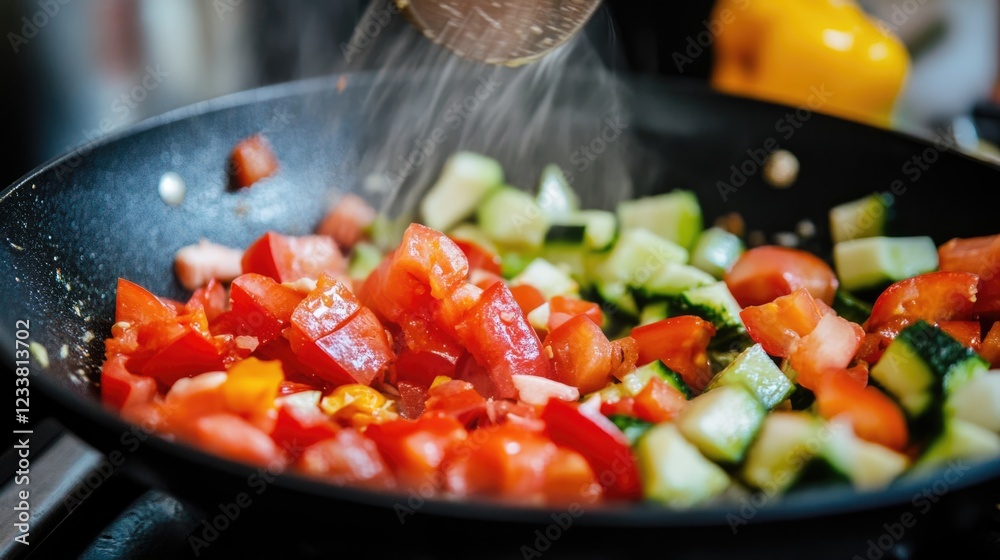 Poster fresh diced tomatoes and cucumbers being seasoned in a frying pan with copy space for text.