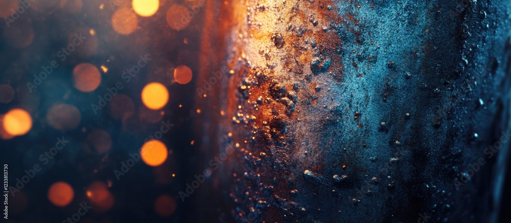 Poster Abstract close-up of textured metal surface with rust and patina effects, shimmering bokeh lights in background, Copy Space available