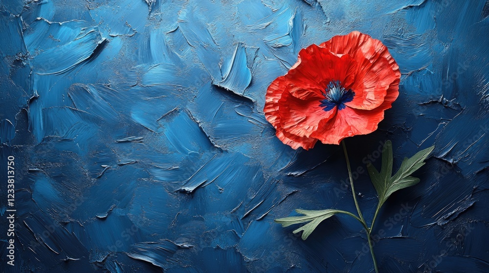 Aufkleber red poppy flower on textured blue background with artistic brush strokes and copy space for text pla
