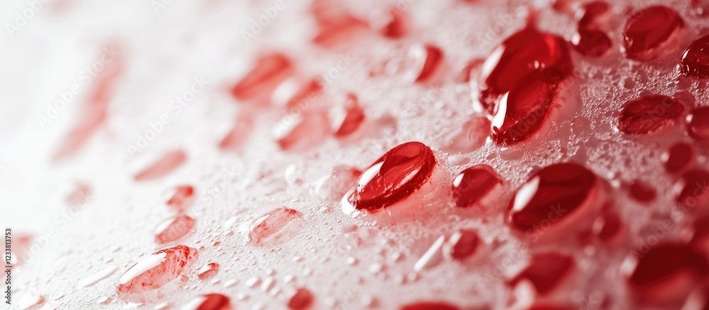 Poster close-up of water droplets on a surface with red and white foam texture ideal for product background