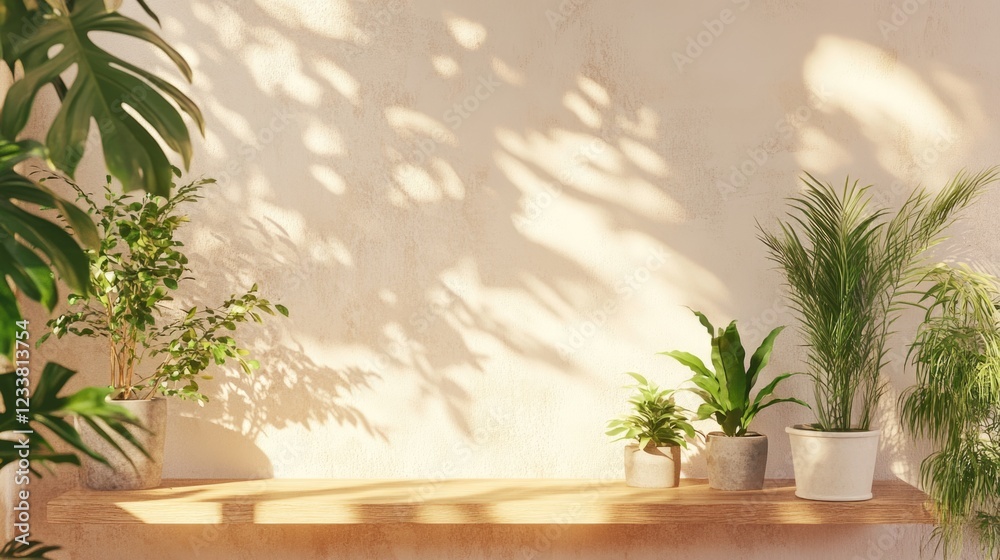 Aufkleber indoor plant arrangement on a wooden shelf with soft light and shadow patterns on a textured wall co