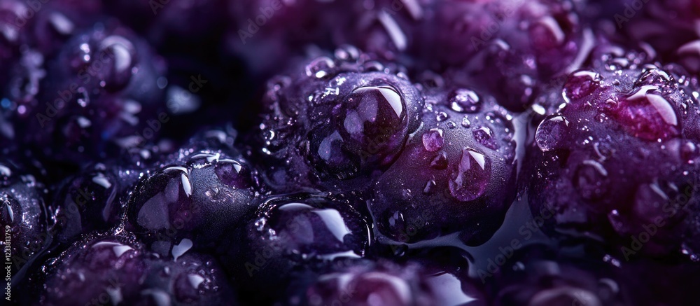 Poster close-up of fresh dark grapes with water droplets on a textured surface copy space