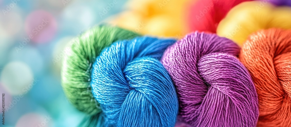 Poster Colorful skeins of yarn arranged in a row with blurred bokeh background and ample copy space for text.