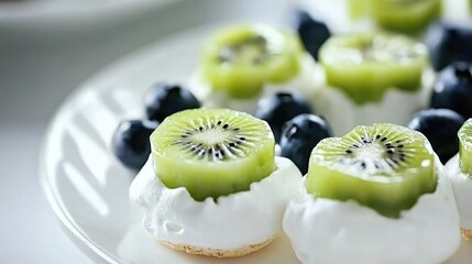 Meringue dessert topped with kiwi slices and blueberries on a white plate with Copy Space