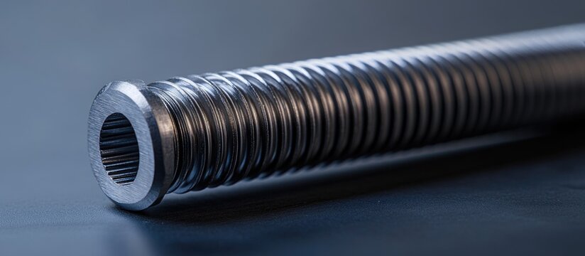 Close-up view of a metallic threaded rod with deep grooves and a cylindrical shape on a dark background with Copy Space