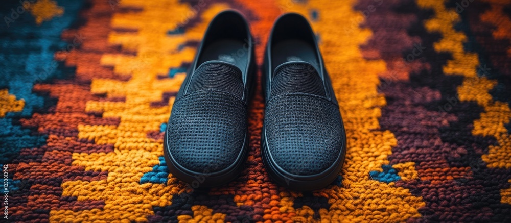 Poster Black slip-on shoes on colorful patterned rug with copy space for text or branding.