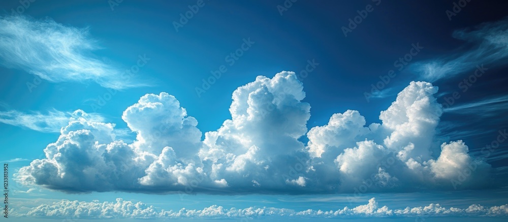 Poster fluffy white clouds in a bright blue sky with gentle sunlight and open space for text placement. cop