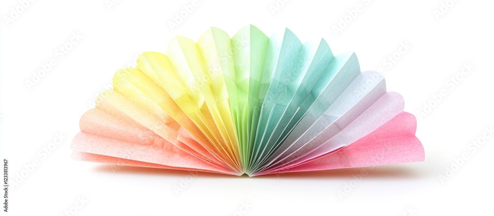 Poster colorful folded paper fan with gradient hues from yellow to pink isolated on a white background with