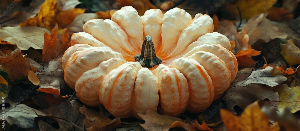 Poster Decorative pumpkin on autumn leaves with Copys Space for text placement in a fall-themed design composition.