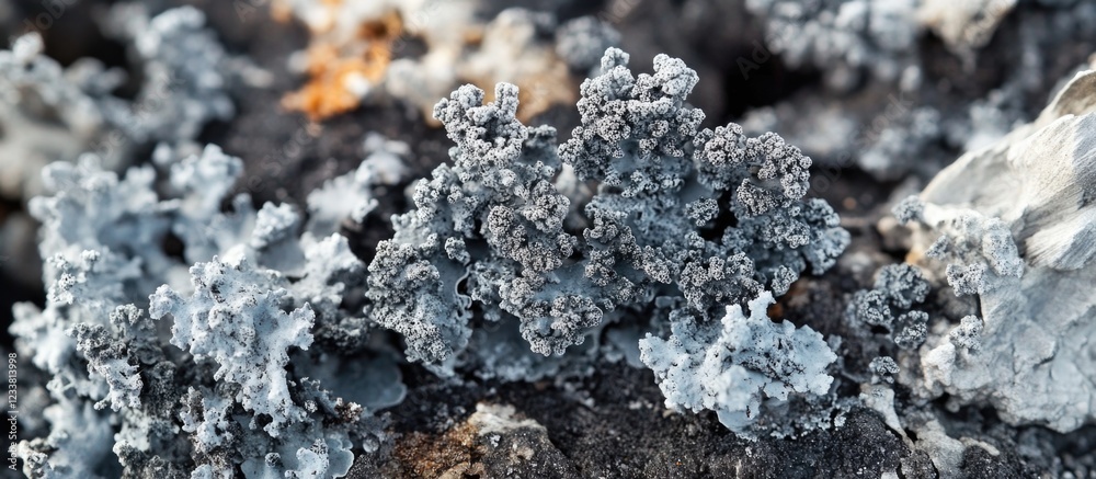 Poster Detailed close-up of lichen growth on rocky surface showcasing intricate textures and patterns with natural colors Copy Space