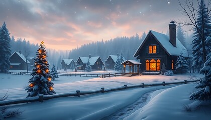 Fototapeta premium Winter Village Sunset: Cozy Cabin, Snowy Landscape, Festive Glow