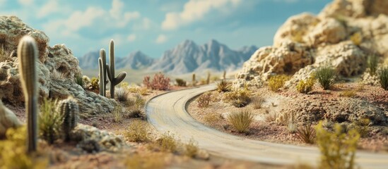 Desert landscape scene with winding road, cacti and mountains in background, soft focus, Copy Space for text.