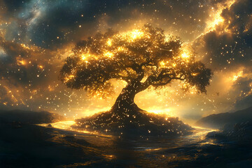 Glowing Tree at Night Under a Starlit Sky
